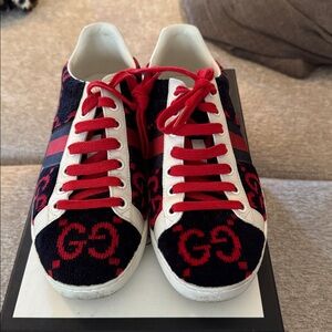 Gucci Wmns Ace GG Terry Cloth Blue/Red Sneakers